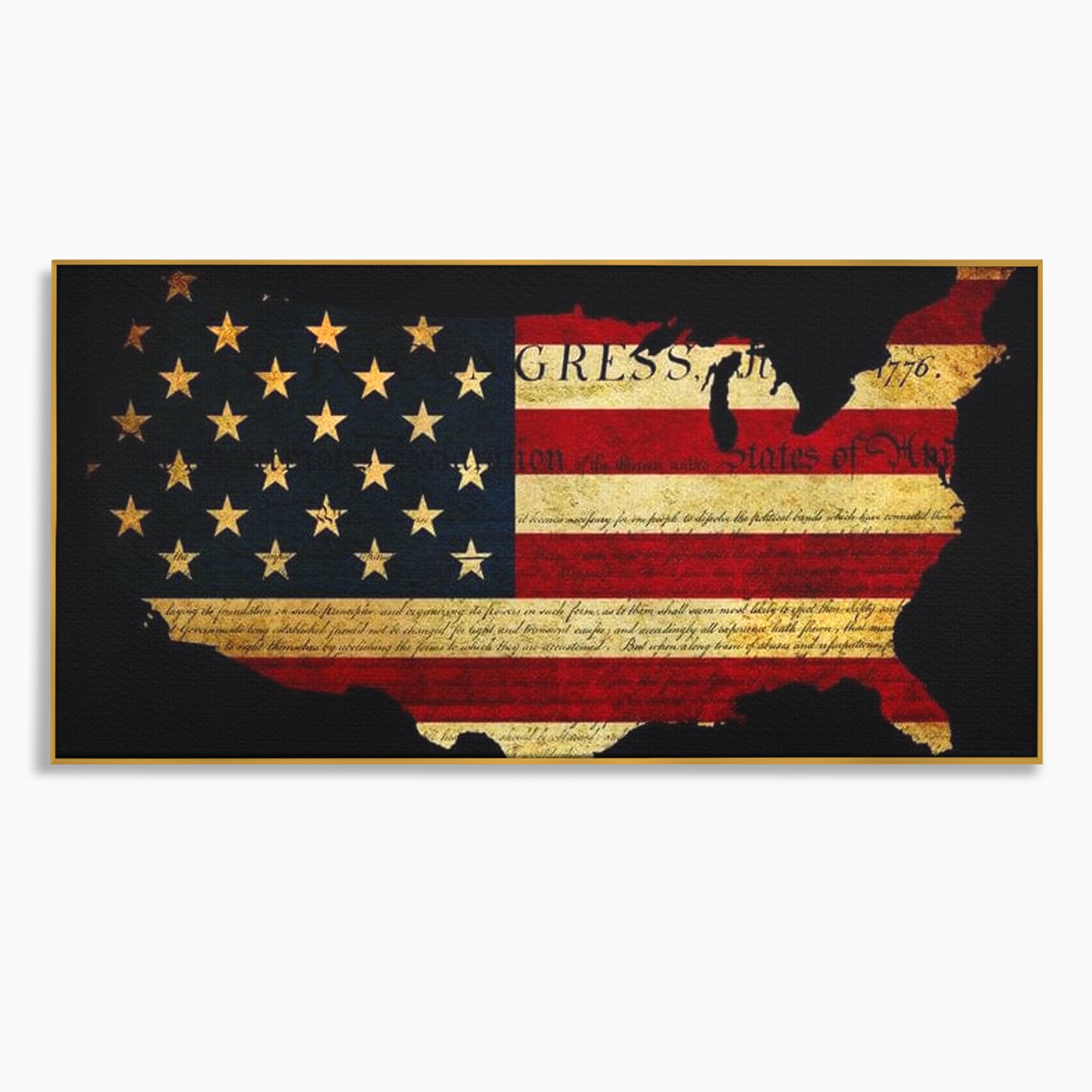 Tablou canvas cu tablou canvas cu harta statelor unite si steagul american, in rama de aluminiu auriu